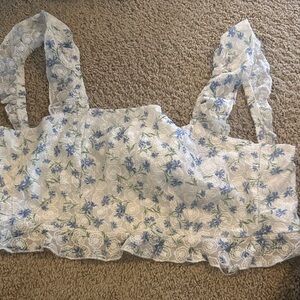 Floral Lace Crop Top in White with Blue & Green Print